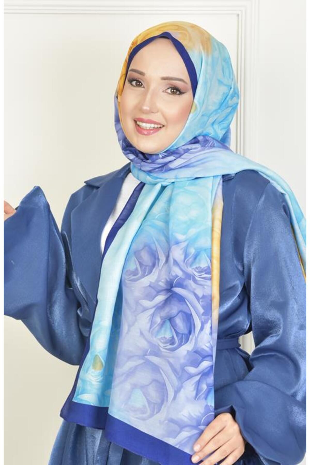 BURDEN IPEK-Navy Blue Rosebud Soft Cotton Patterned Shawl 1