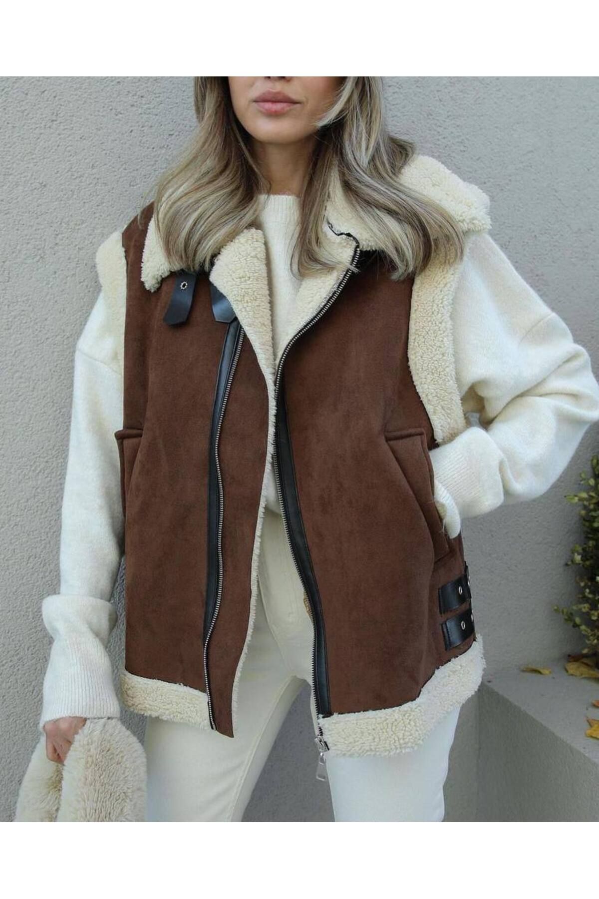 Moda Mix Avcılar-Pelzige Wildleder-Look-Weste für Damen 2