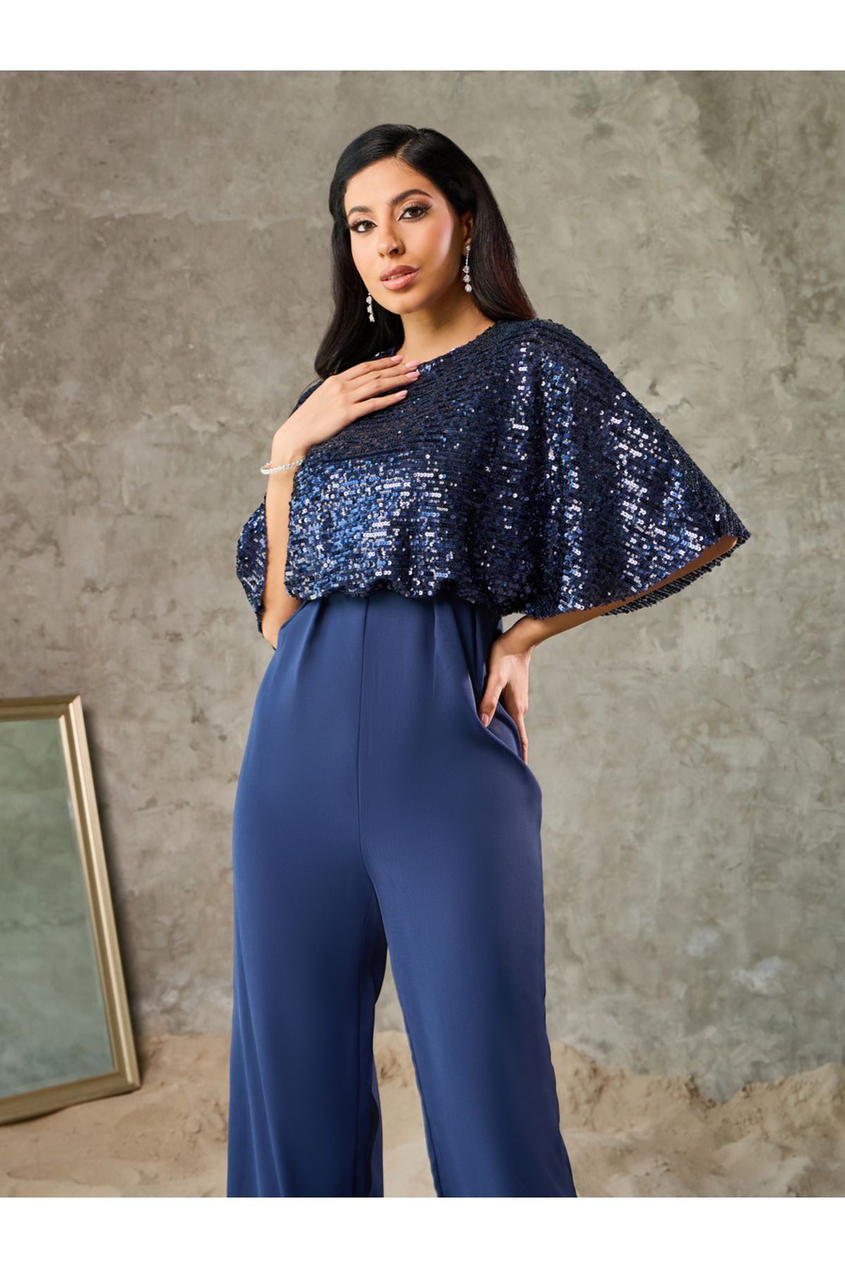 Styli-Sequin Cape Sleeve Wide Leg Jumpsuit 2
