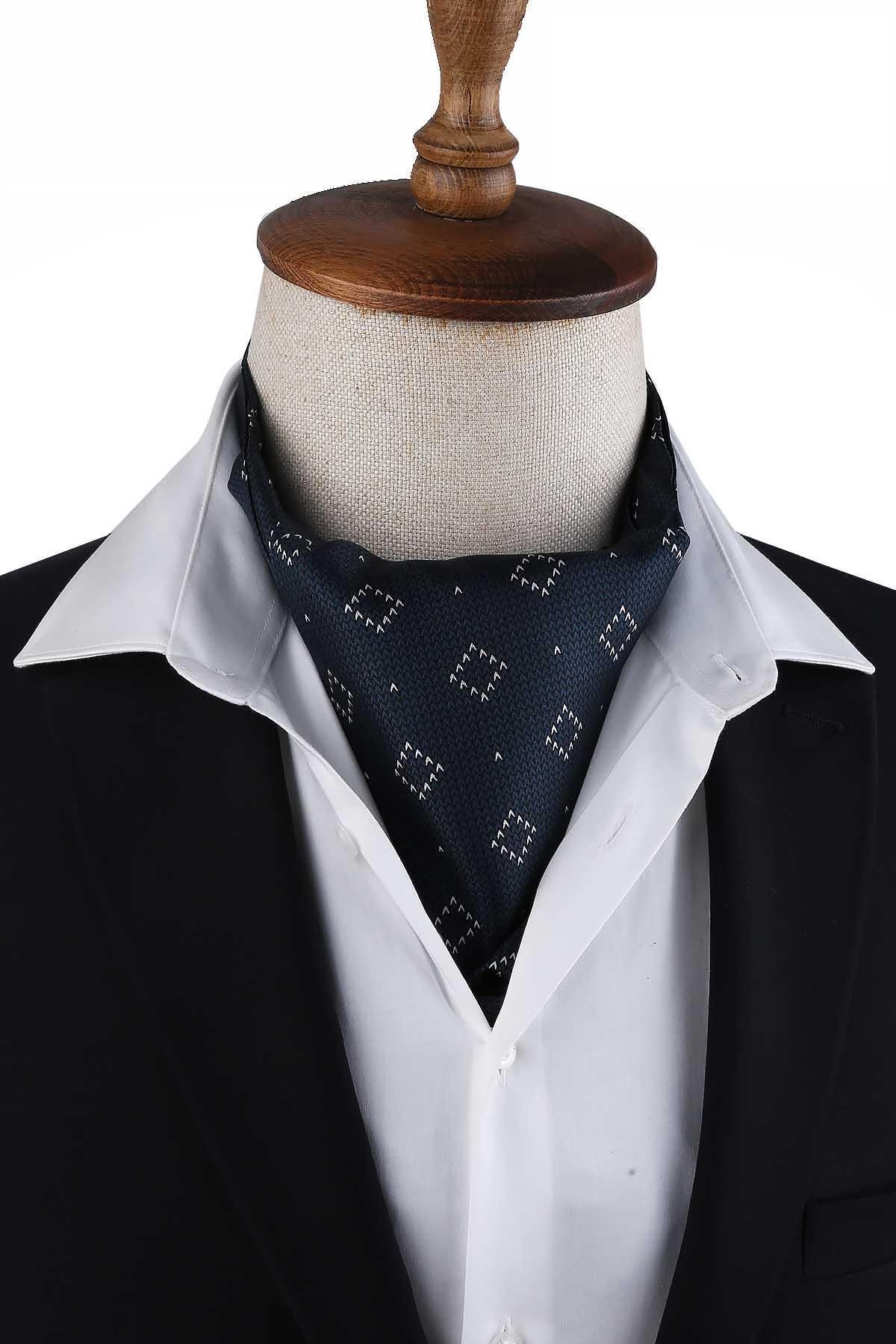 Kravatkolik-Navy Blue Square Pattern Italian Silk Men's Ascot K620 1