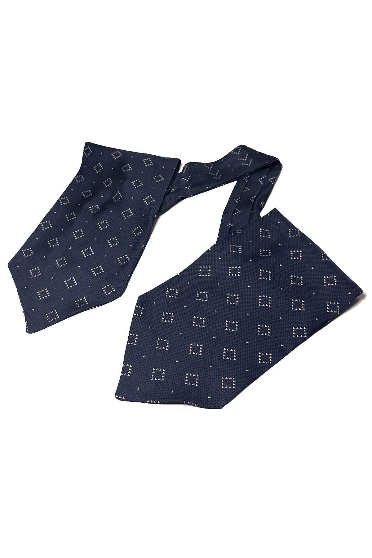 Kravatkolik-Navy Blue Square Pattern Italian Silk Men's Ascot K620 5