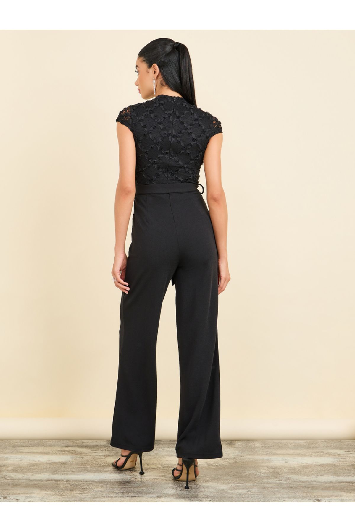 Styli-Floral Applique Lace Textured Wide Leg Jumpsuit with Self Tie Up 4