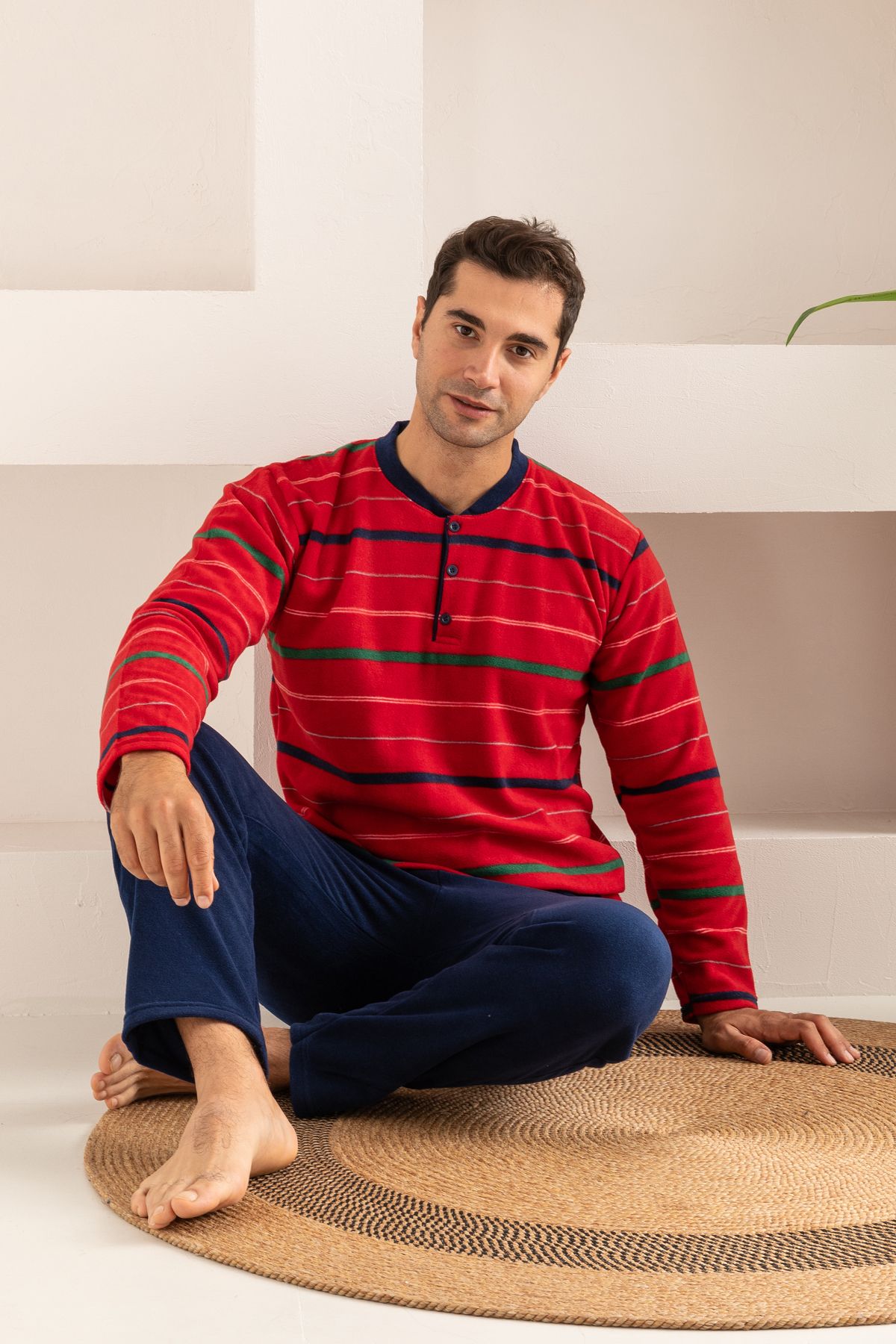 nisaNCa-Men's Striped Fleece Pajama Set 2
