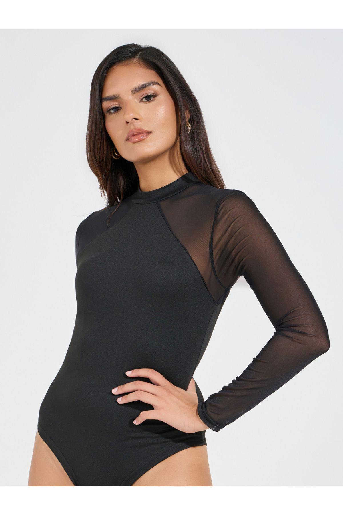 Styli-High Neck Knit Bodysuit with Mesh Sleeves 1