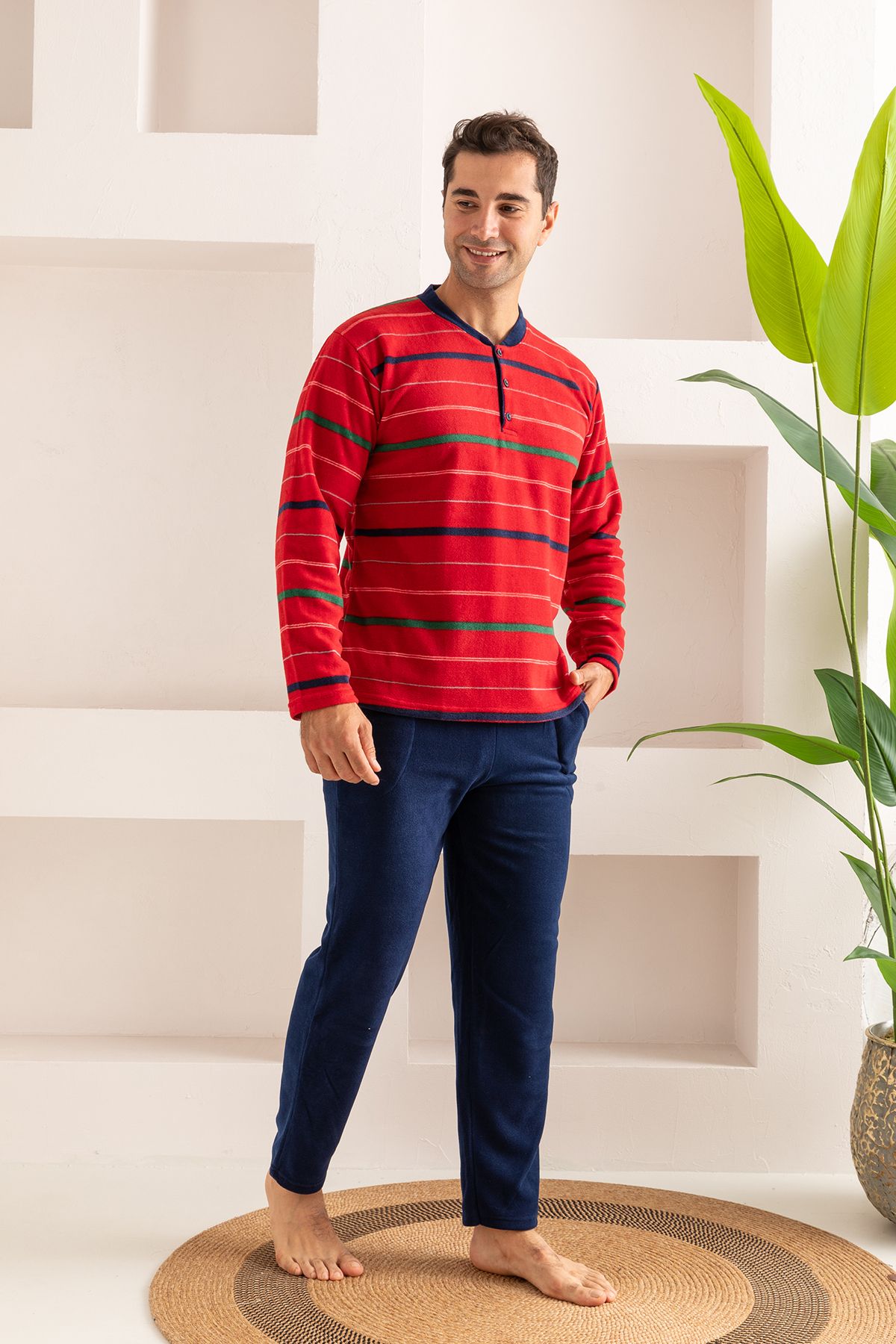 nisaNCa-Men's Striped Fleece Pajama Set 5