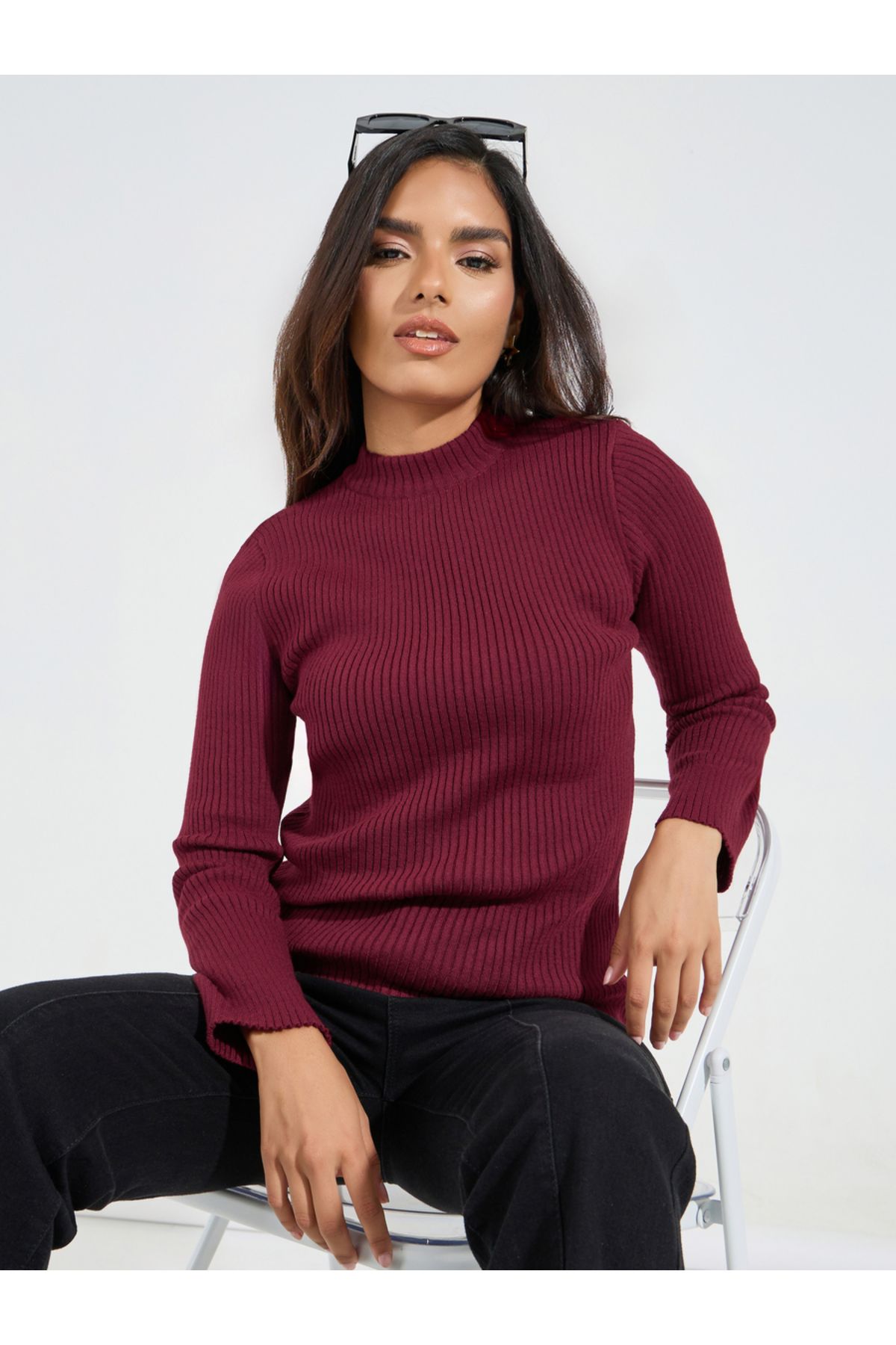 Styli-Ribbed Fitted Regular Length High Neck Sweater 1