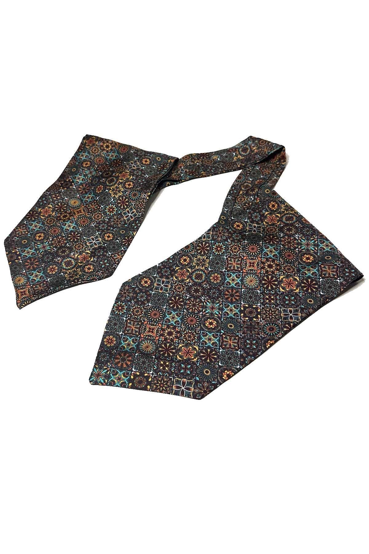 Kravatkolik-Multi-Colored Motif Pattern Italian Silk Men's Ascot K619 5