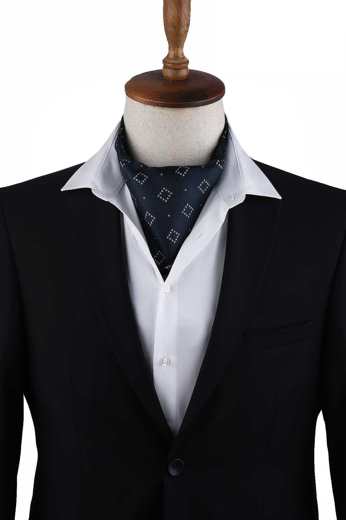 Kravatkolik-Navy Blue Square Pattern Italian Silk Men's Ascot K620 2