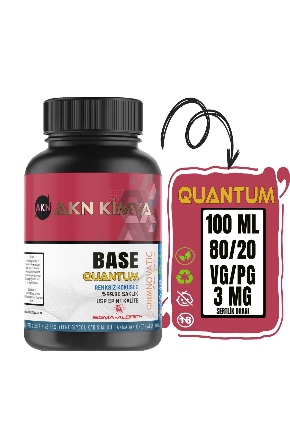 akn kimya Quantumm Base 100 ml Vg Pg 80-20 3 Mg Sertlik Oranı Gliserin Propilen Glikol Base