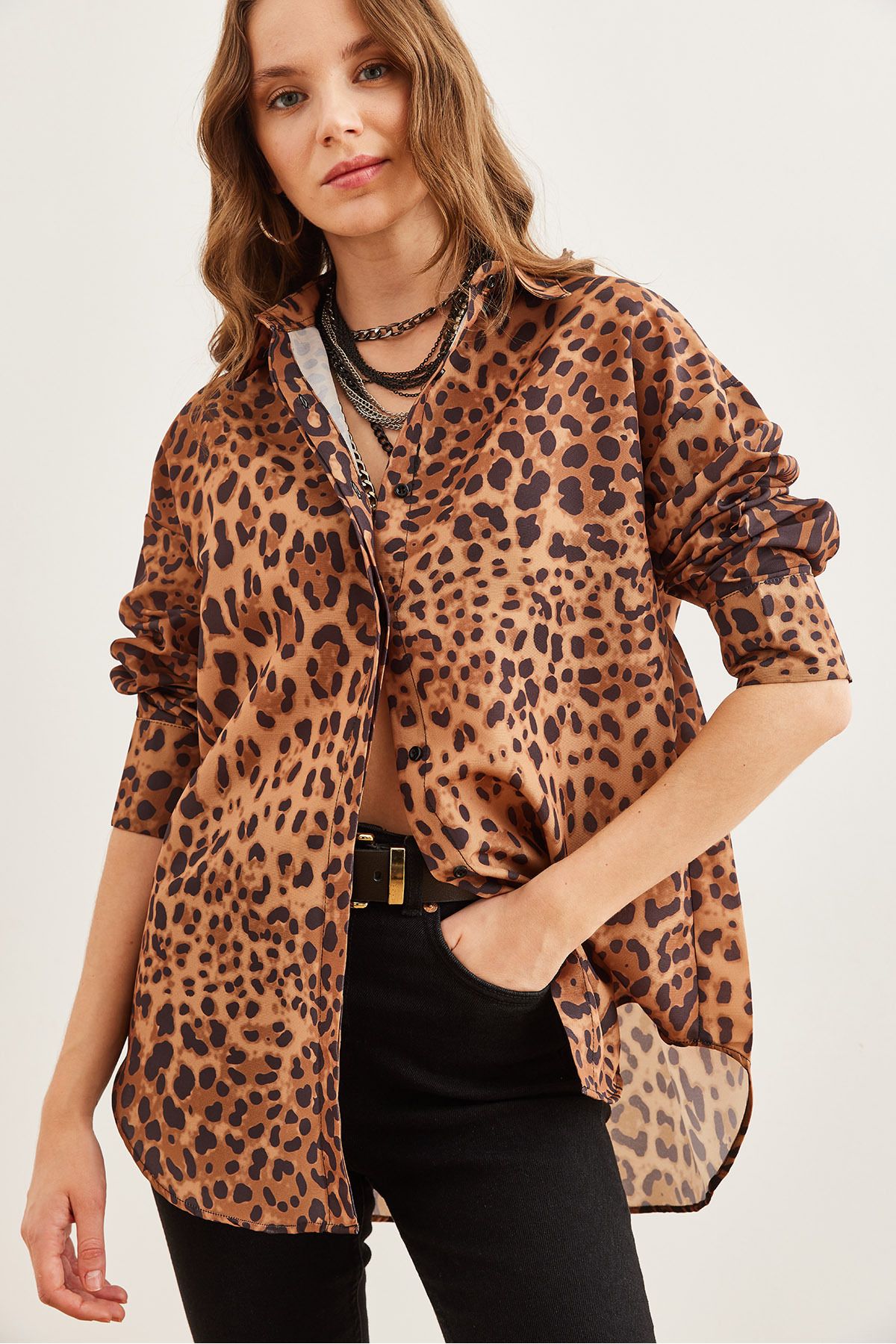Olalook-Női Camel Leopard Hidden Placket Poplin ing GML- 19000867 2