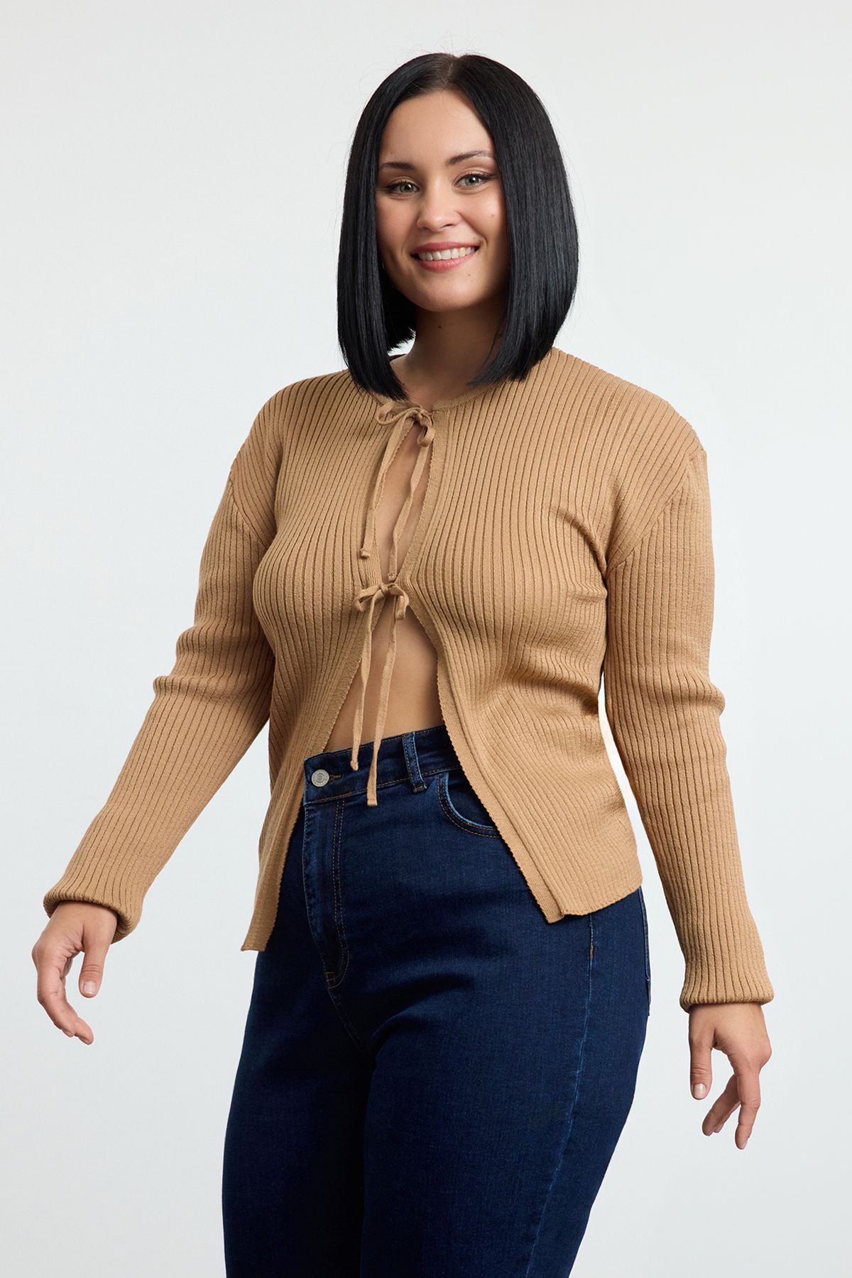 Trendyol Curve Kardigan Z Dzianiny Corded Cut Brown - Soft Key Tbbaw25av00019 Kobieta - XL