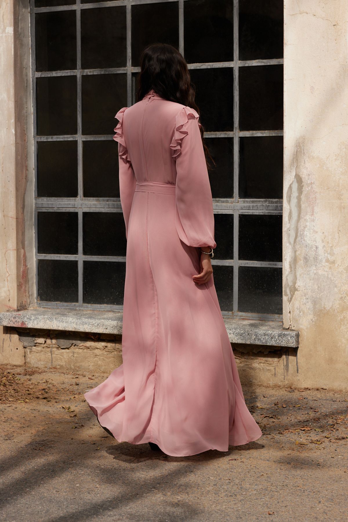 Trendyol Modest-Dusty Rose Chiffon-Abendkleid – Rüschendetails, TCTAW25DB00017 6