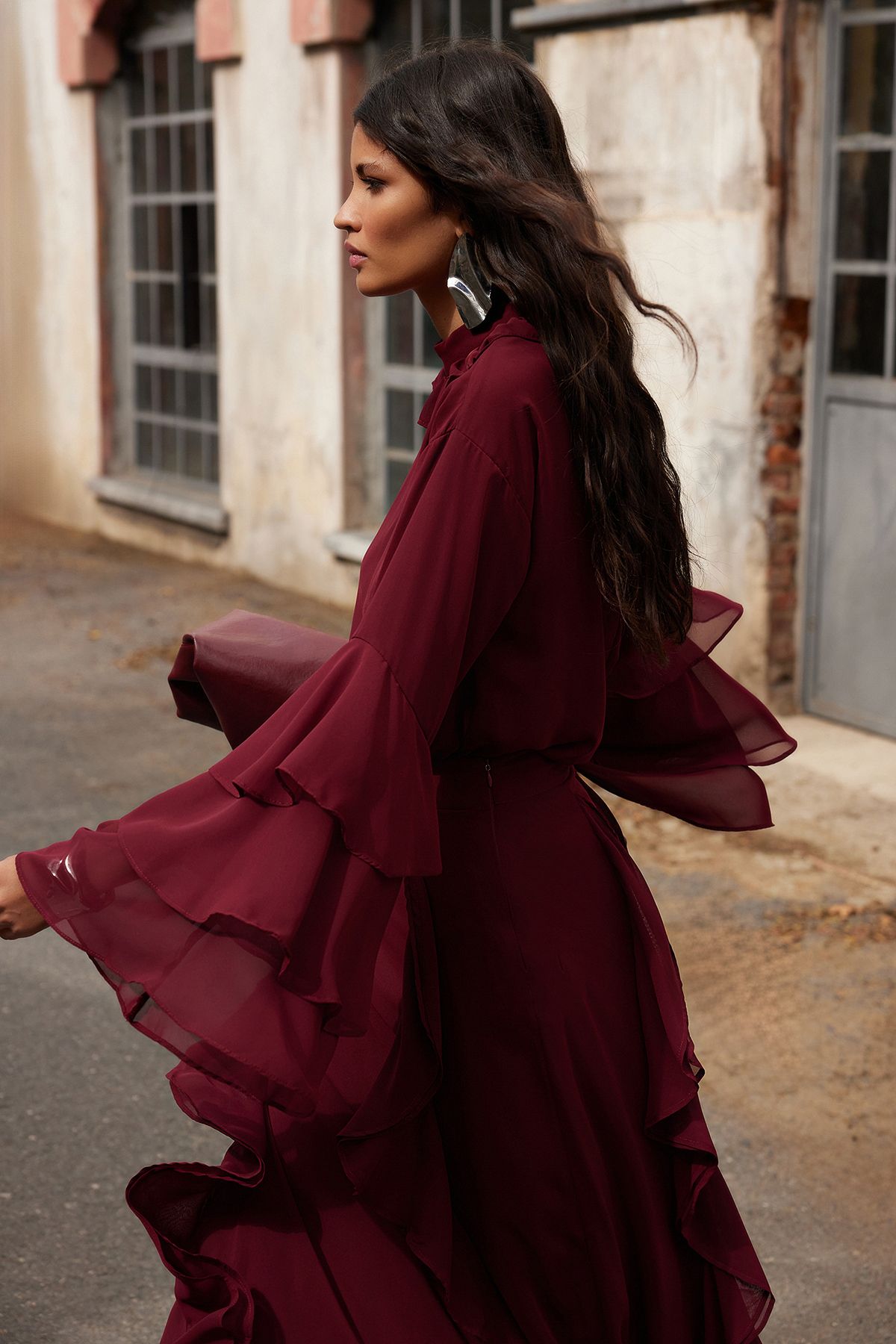 Trendyol Modest-X Ai Burgundsko Rukávy Volán Šifon Tunika Tctaw25Uk00010 6