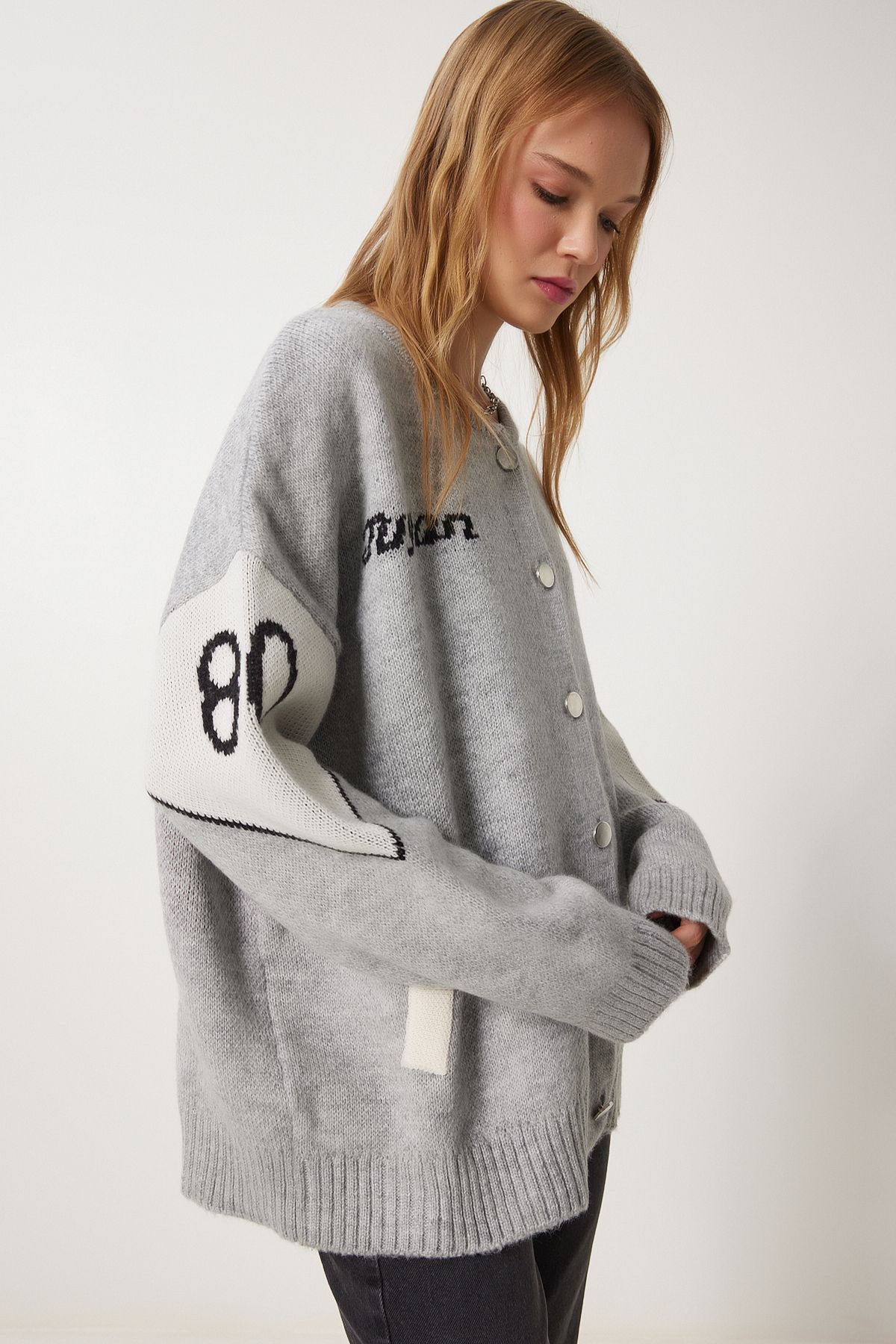 Happiness İstanbul-Jachetă tricotată cu slogan gri pentru femei Cardigan DP00218 6