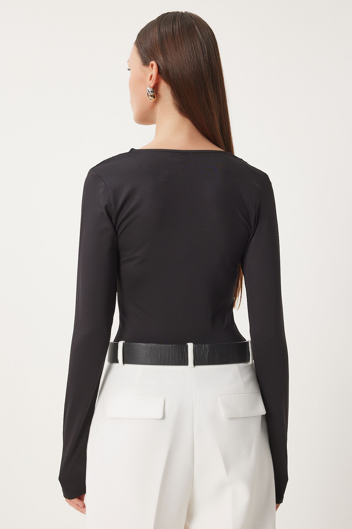 Happiness İstanbul-Schwarzer Spitzen-Strick-Body mit V-Ausschnitt für Damen CV00037 5