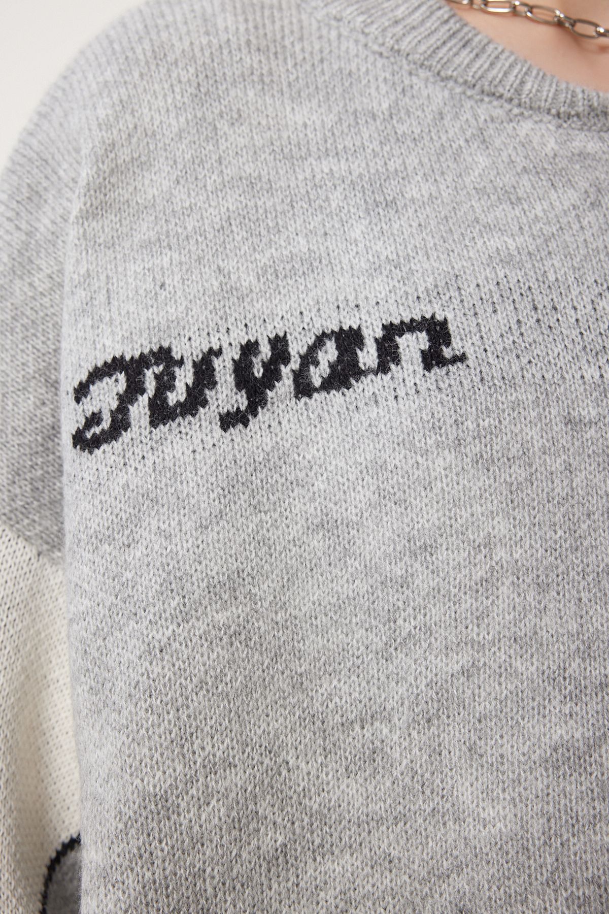 Happiness İstanbul-Jachetă tricotată cu slogan gri pentru femei Cardigan DP00218 7