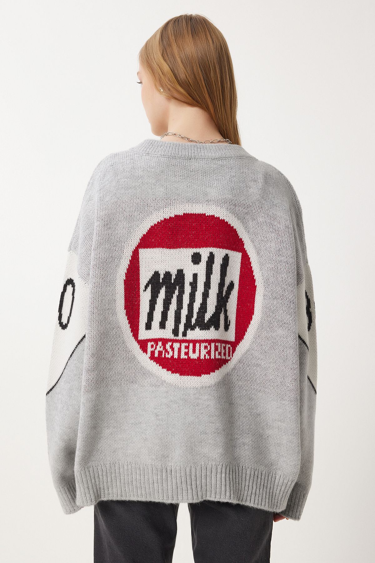 Happiness İstanbul-Jachetă tricotată cu slogan gri pentru femei Cardigan DP00218 9