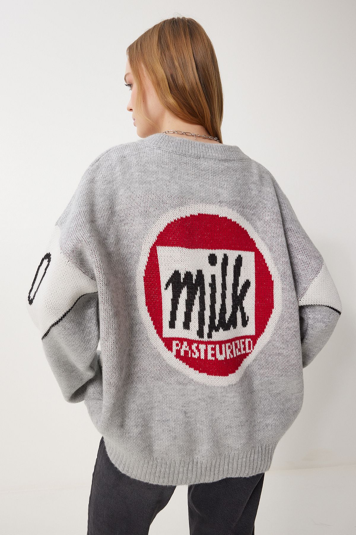 Happiness İstanbul-Jachetă tricotată cu slogan gri pentru femei Cardigan DP00218 1