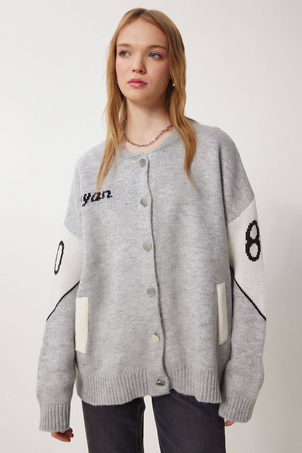 Happiness İstanbul-Jachetă tricotată cu slogan gri pentru femei Cardigan DP00218 5