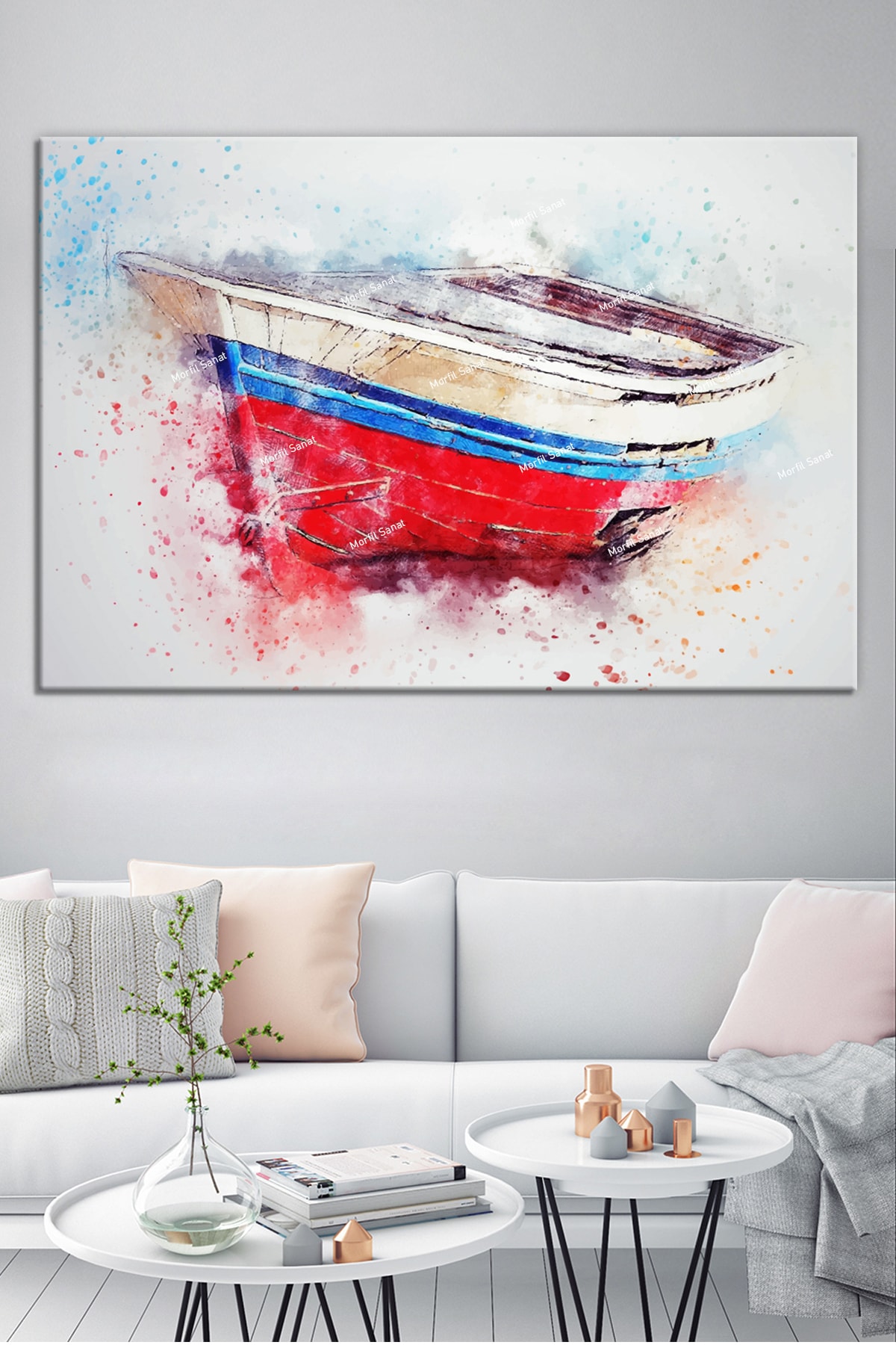 Tekne Kayık Suluboya Efektli Dekoratif Kanvas Tablo (8 Farklı Ölçü)