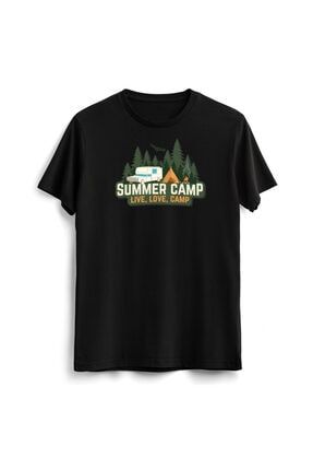 Kamp Macera Çadır Seyahat Karavan, Doğa Ve Yeşil Temalı, Siyah Renk Tasarım Tişört EL8285