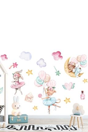 Sevimli Tavşanlar Ve Minik Ayıcık Özel Tasarım Duvar Sticker Seti KTS7281326