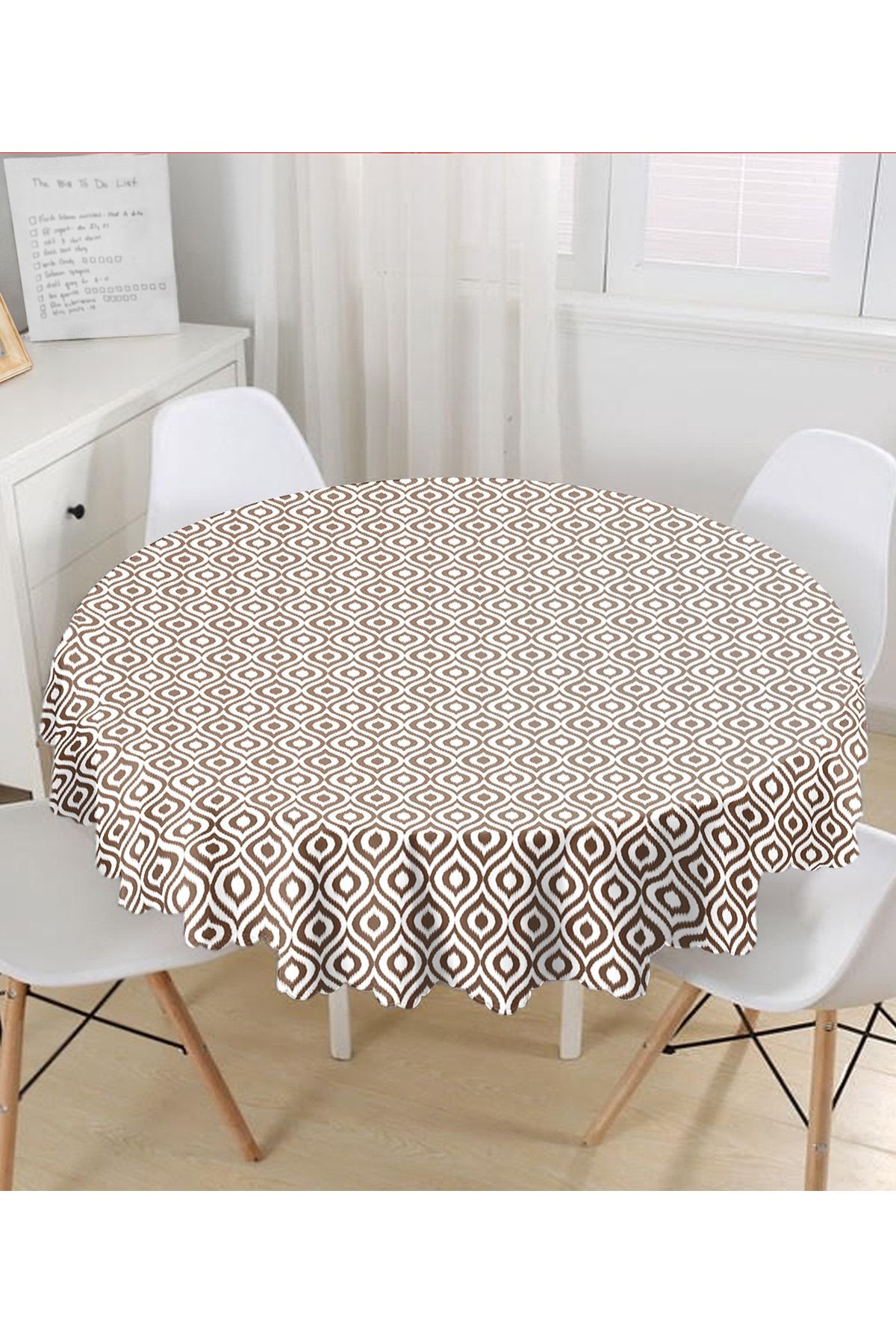 Realhomes Față De Masă Rotundă Cu Imprimare Digitală Cu Model Ikat De Cafea Cu Design Special Diametru 140 Cm - 140 x 140