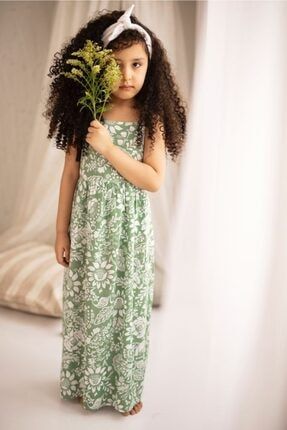 Kız Çocuk Çiçek Desenli Sırt Dekolteli Yeşil Pamuk Viskon Elbise VK0052