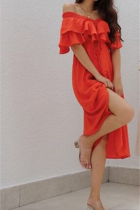 Kadın Kırmızı, Lastik Yakalı, Gipeli Ve Volanlı Elbise SZBTK137