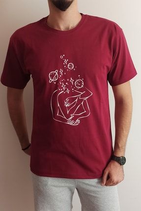 Unisex Kadın/erkek Bordo Baskılı Oversize Yuvarlak Yaka T-shirt BSOT021