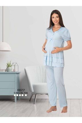 Kadın Mavi Kısa Kollu Geniş Yumuşacık Lohusa Hamile Pijama Takımı LEF8022