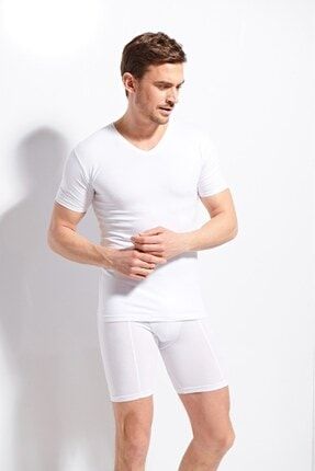 Kolcu Erkek Ribana V Yaka Beyaz T-shirt %100 Pamuklu Premium Kalite K1220KOLCUVYAKATİŞÖRT1