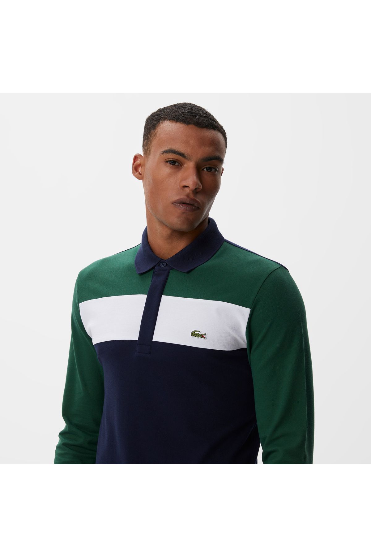 تی شرت یقه پولو آبی مردانه بلوک رنگ آستین بلند و باریک ، چوگان دریایی Lacoste