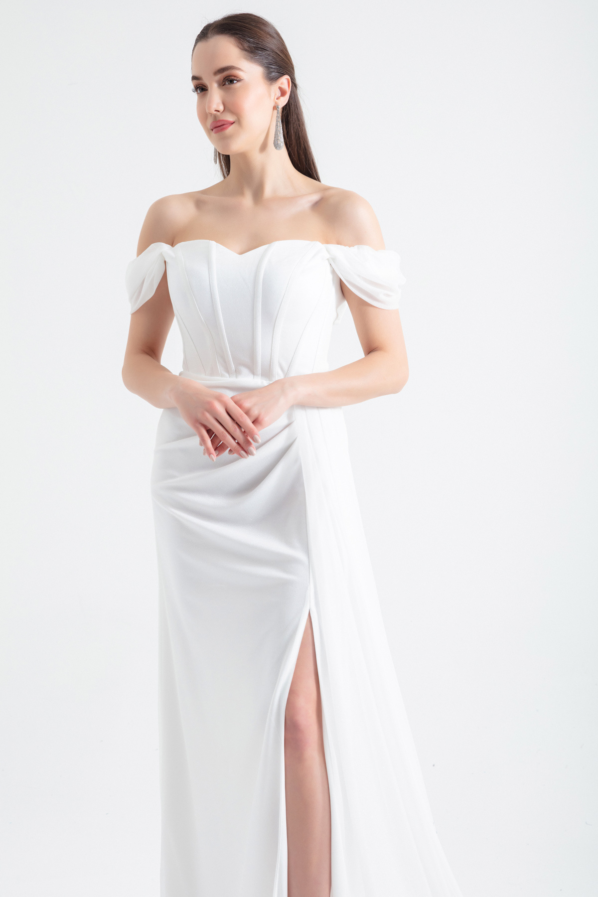 Lafaba-Women's White Underwire Corset Detailed Glitter Long Evening Dress 5