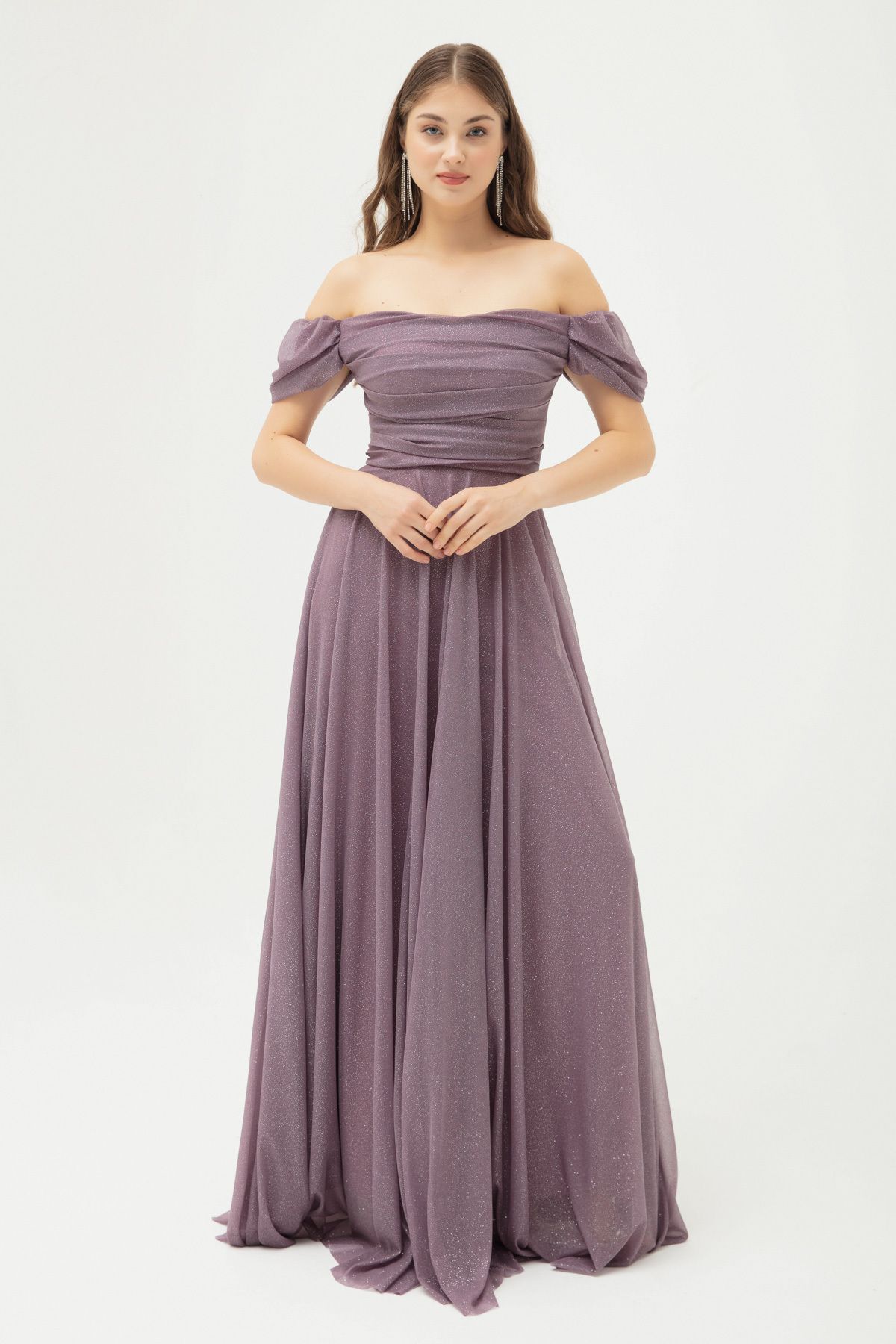 Lafaba-Women's Lavender Boat Neck Draped Slit Long Glitter Evening Dress 2