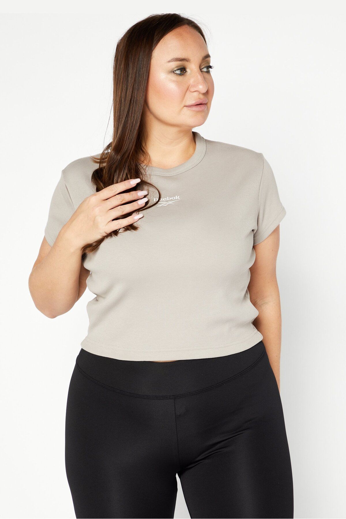 Reebok-Women Plus Size Round Neck Brand Crop Top, Brown 1