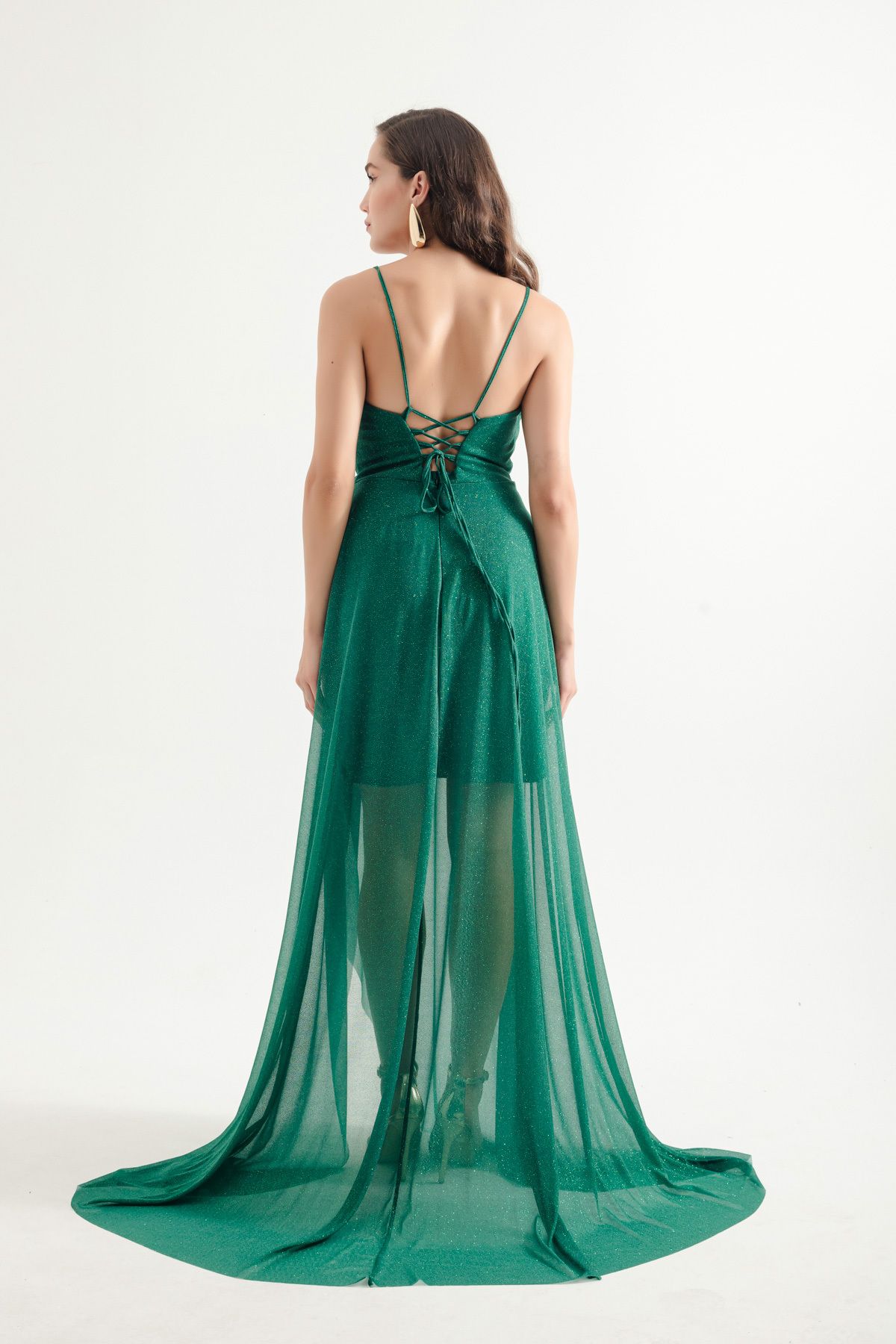 Lafaba-Emerald Green Glittery Draped Flounced Women's Evening Dress 5