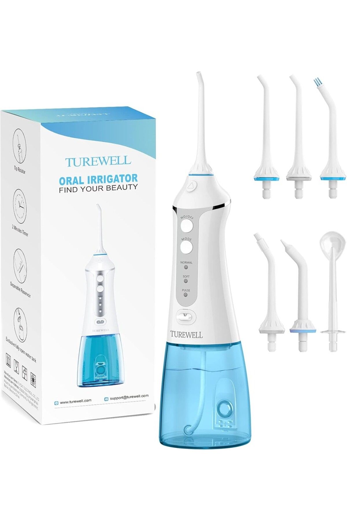 Turewell Taşınabilir Diş Su Floseri - 6 Jet Uçlu, 3 Modlu, 300ml Su Deposu, IPX7 Su Geçirmez