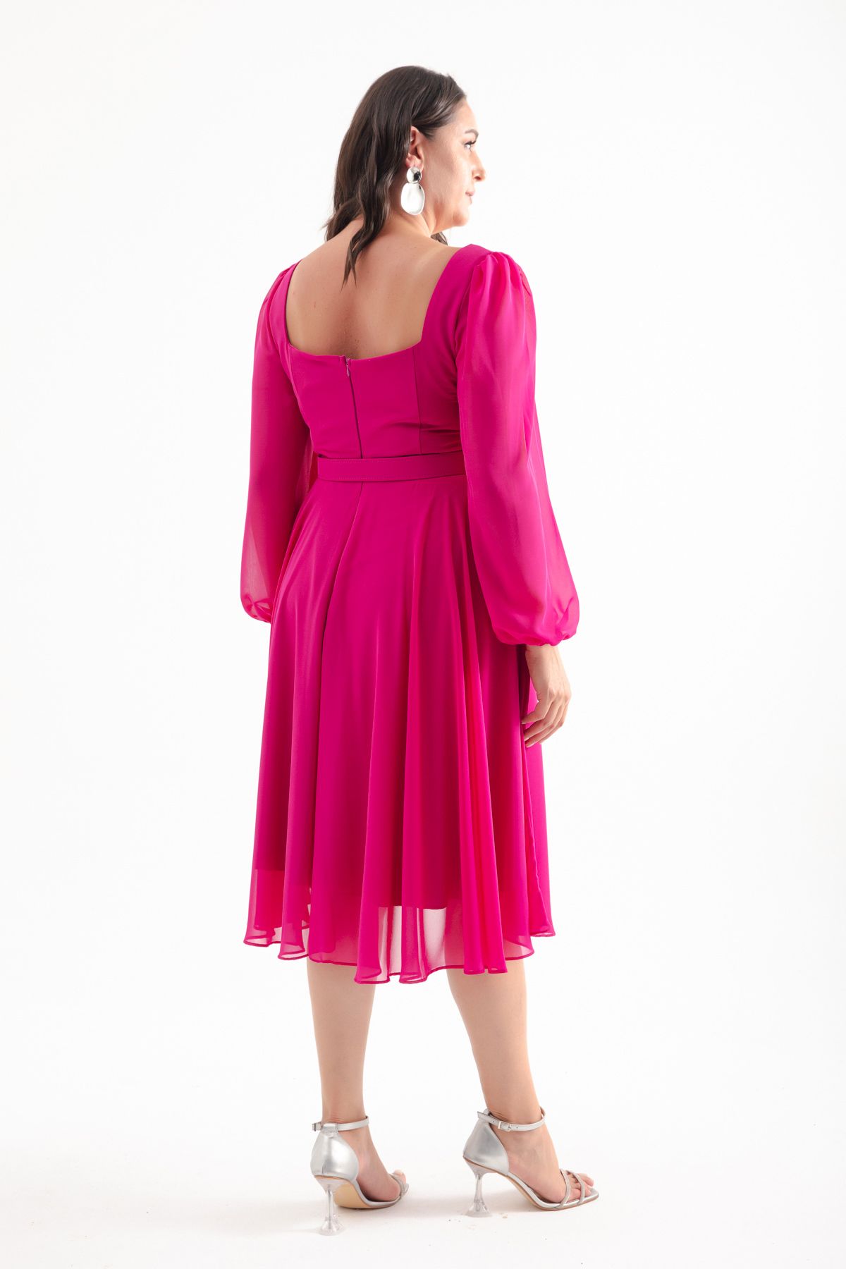 Lafaba-Fuchsia Midi Chiffon Evening Dress - Large Size Dress with Square Collar and Belt 5