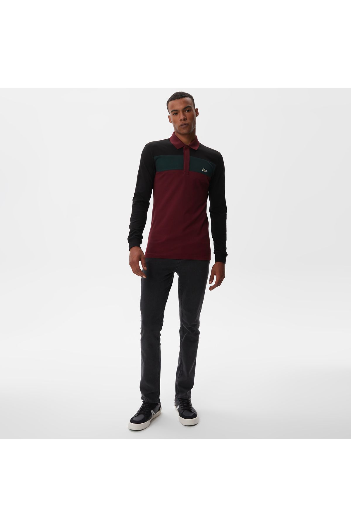 تی شرت یقه پولو قرمز مردانه بلوک رنگ آستین بلند و باریک Lacoste