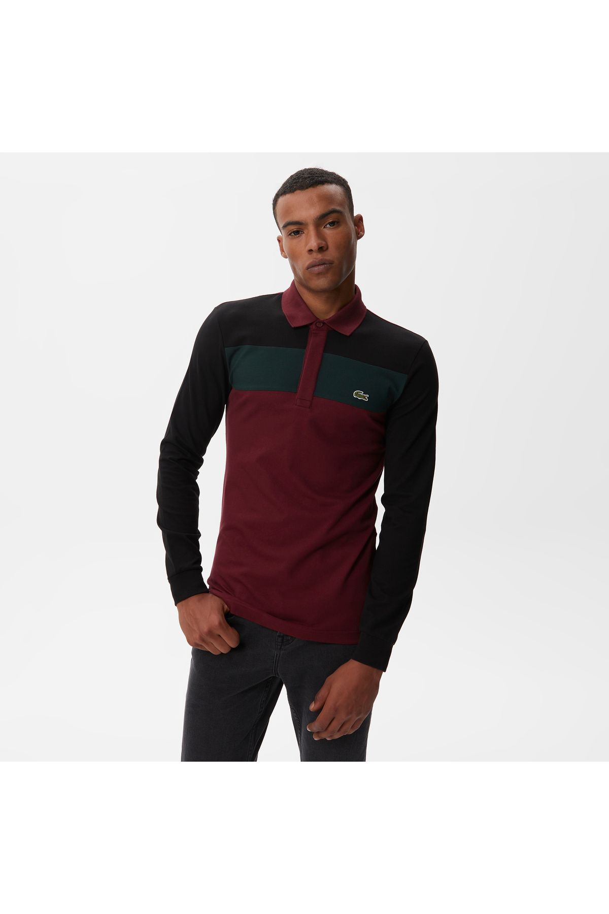 تی شرت یقه پولو قرمز مردانه بلوک رنگ آستین بلند و باریک Lacoste