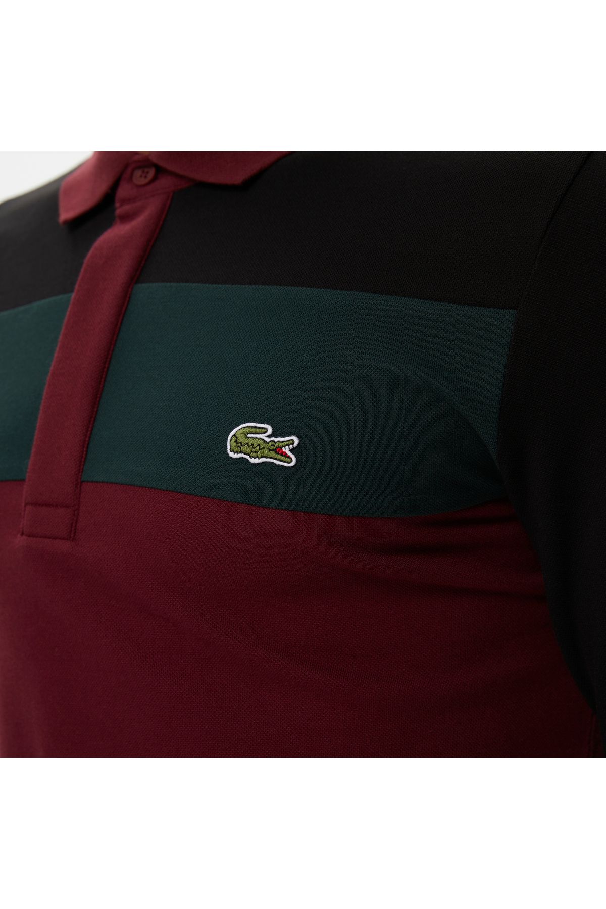 تی شرت یقه پولو قرمز مردانه بلوک رنگ آستین بلند و باریک Lacoste