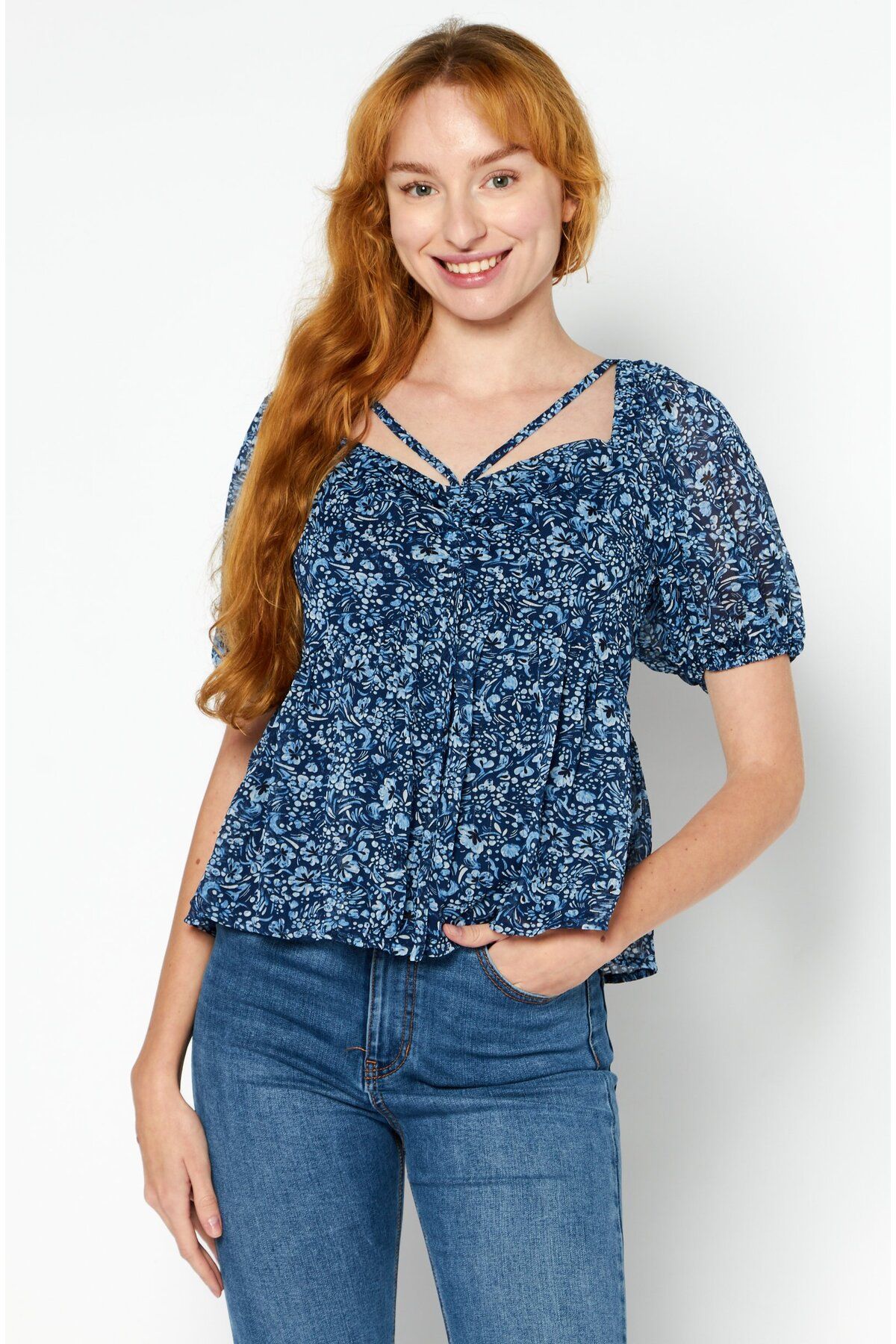 Aqua-Women V Neck Short Sleeve Floral Print Top, Blue 1