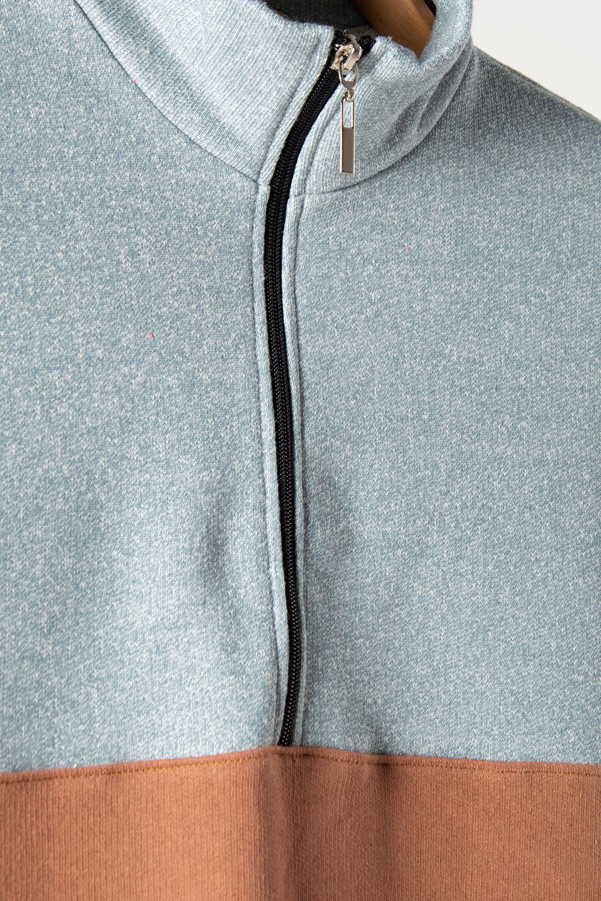 VEAVEN-Gray, Brown and Fuchsia Three-Block Unisex Trendy Model Sweatshirt - Half Zipper, Comfortable Fit 2