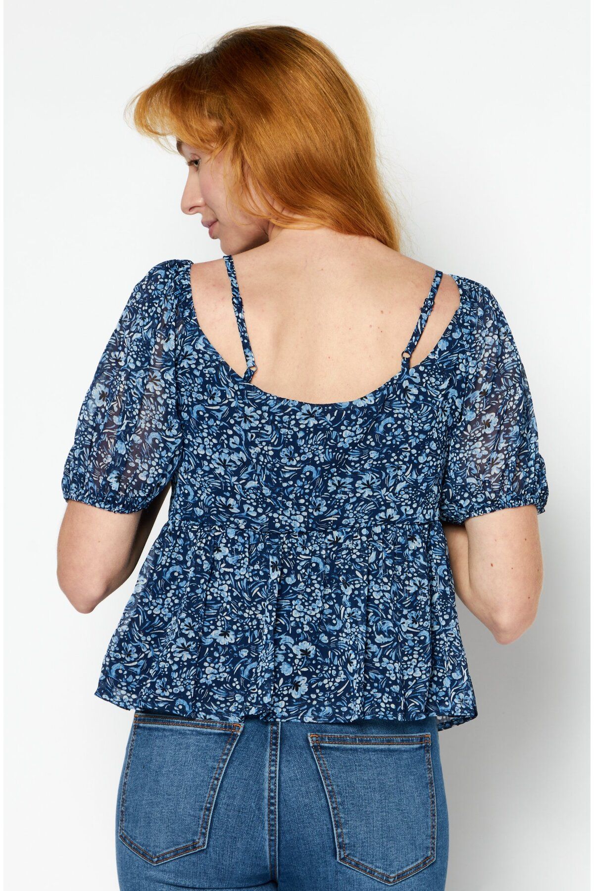 Aqua-Women V Neck Short Sleeve Floral Print Top, Blue 3