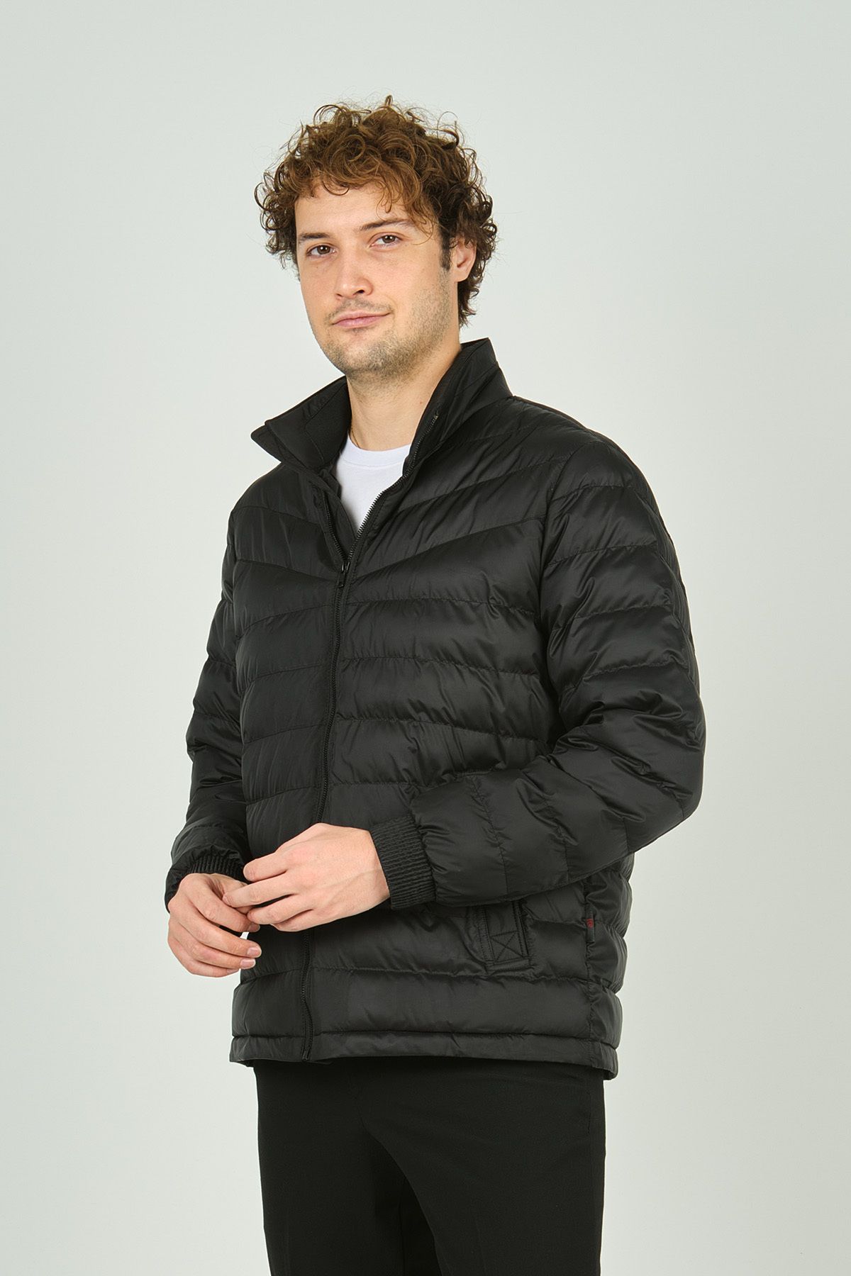 Allegro-Men's Chief Collar Zipper Closure Pocket Detailed Quilted Puffer Jacket 7360 Black 2