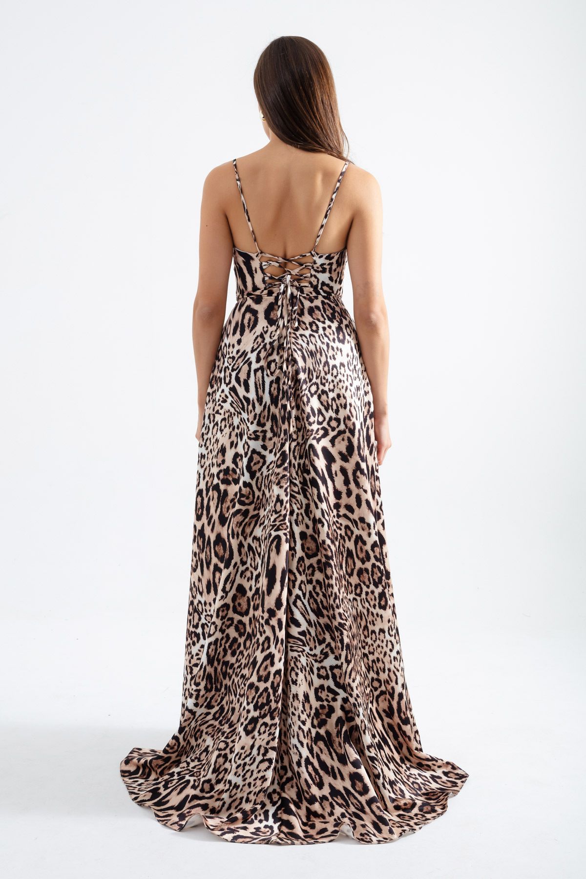 Lafaba-Women's Beige Leopard Print Slit Satin Evening & Graduation Dress 5