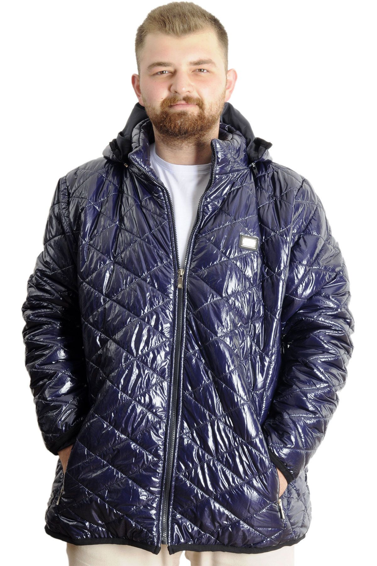 ModeXL-Mode XL Large Size Men's Hooded Coat Quilted 23636 Indigo 1