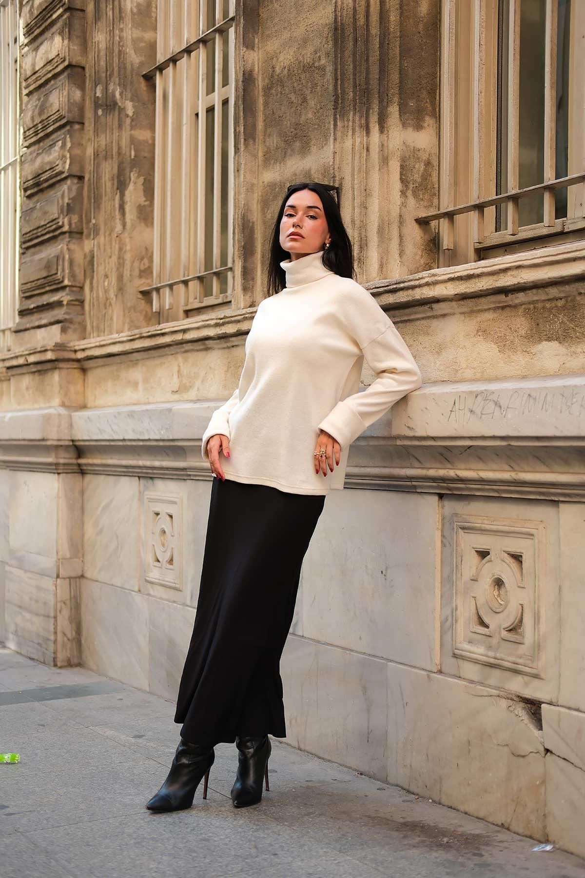 FOR YOU MODA-Sleeve Detailed Turtleneck Turtleneck Ecru Blouse 5