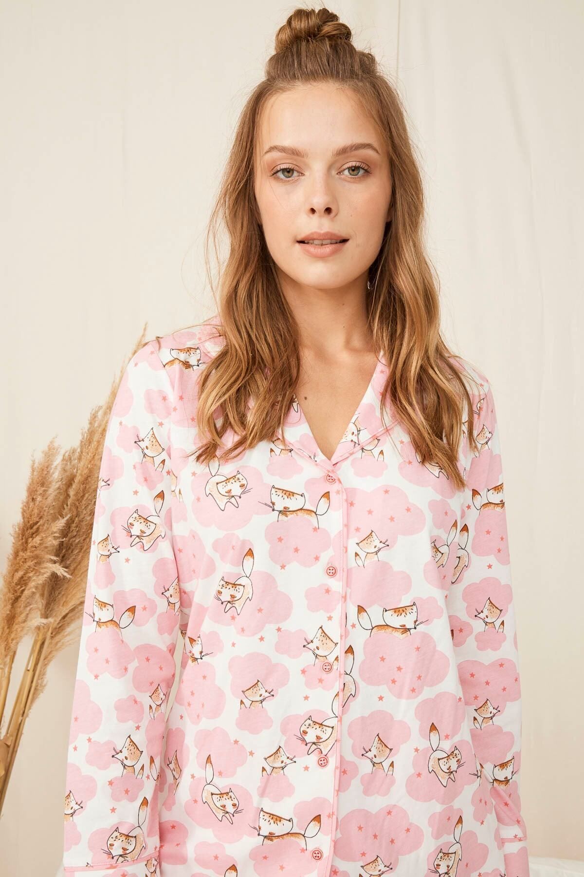 ENNA MODA-New Season 100% Cotton Fox Front Buttoned Shirt Collar Pajamas Set 6